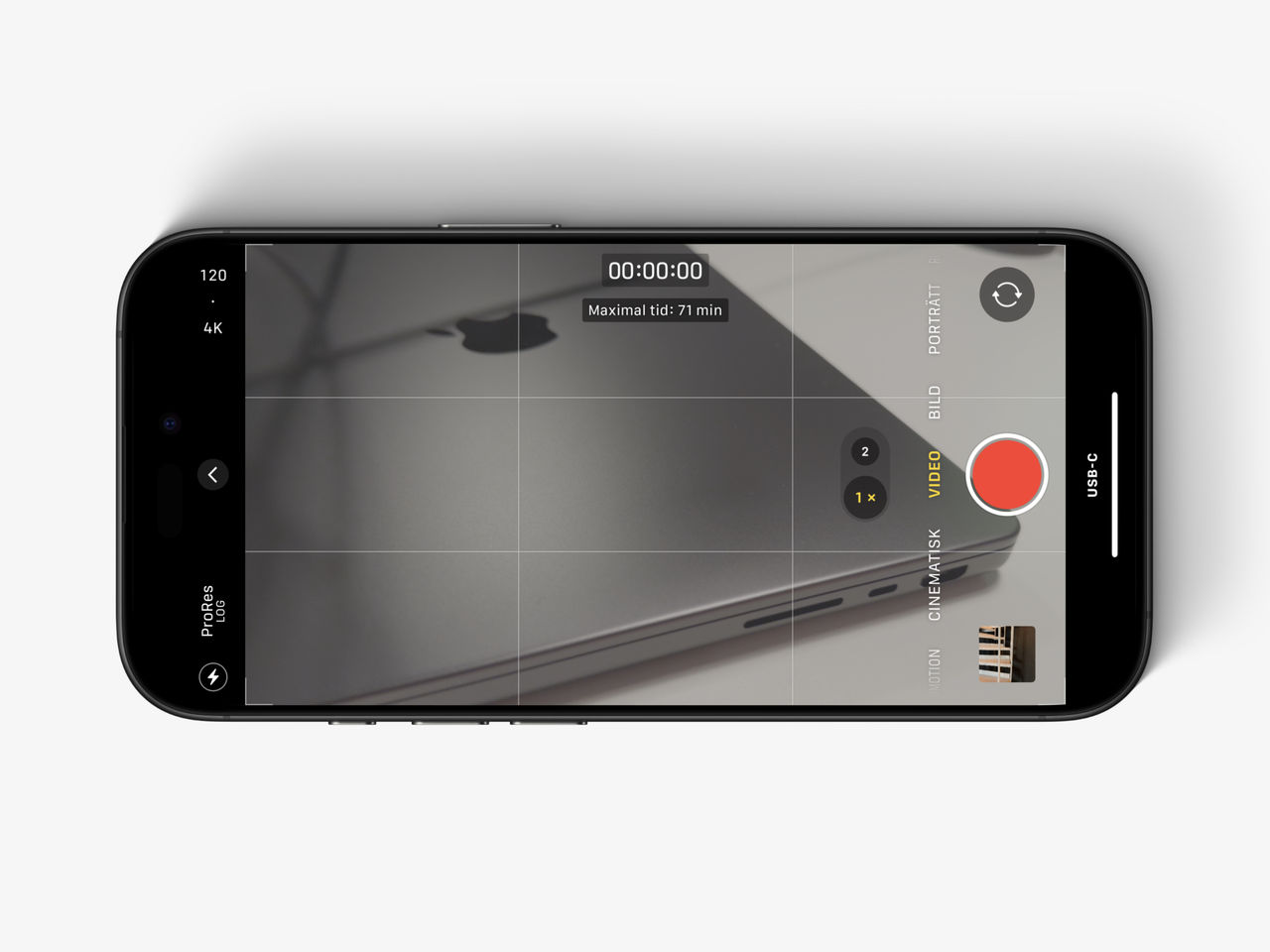 Den lilla USB-C-indikatorn dyker upp automatiskt när jag byter till ProRes i Apples kamera-app.